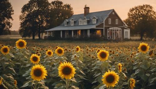 Un incantevole giardino di girasoli sullo sfondo di una fattoria di campagna risvegliata dalle prime luci della primavera.