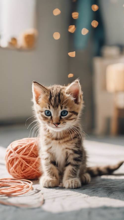 Seekor anak kucing belang sedang bermain dengan benang di kamar bayi yang cerah dan ceria.