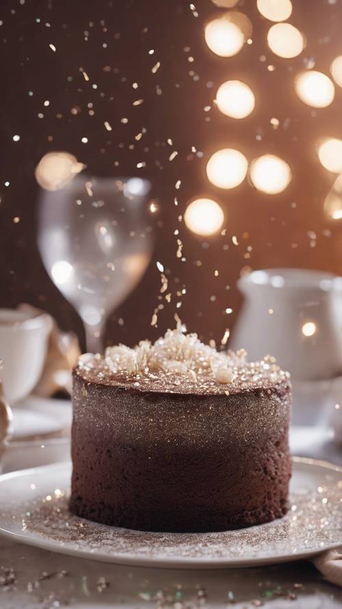 White glitter sprinkled on top of a chocolate cake for a surprise celebration