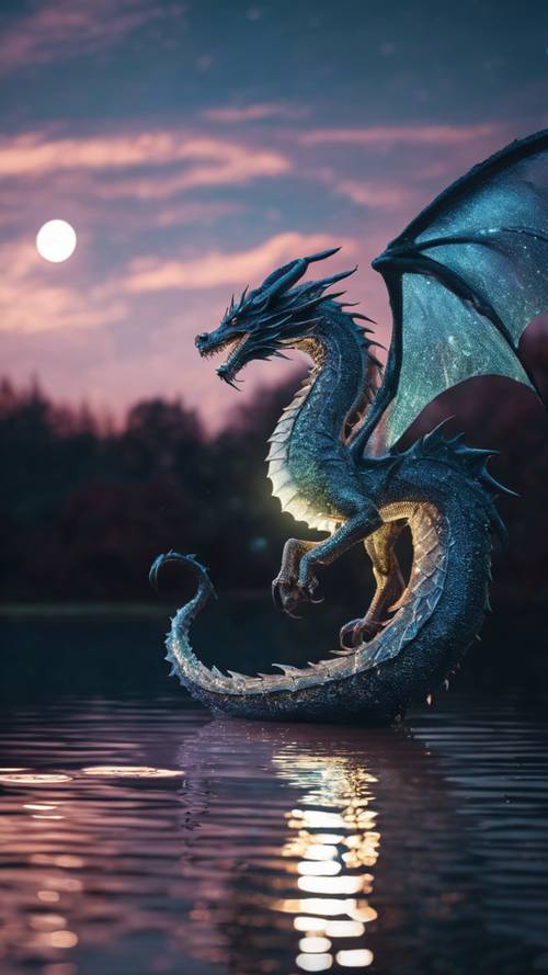 Um dragão espectral feito inteiramente de luar brilhando em um lago tranquilo.