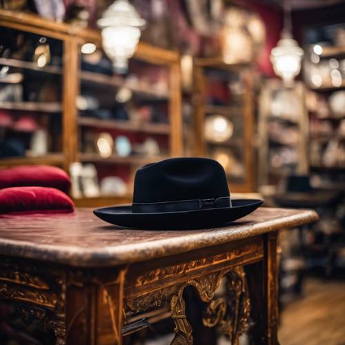 Um chapéu preto sobre uma almofada de veludo sob uma única luz numa loja de antiguidades.