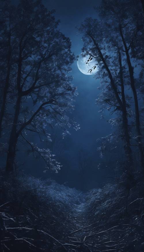 Misterioso bosque azul oscuro bajo un cielo iluminado por la luna