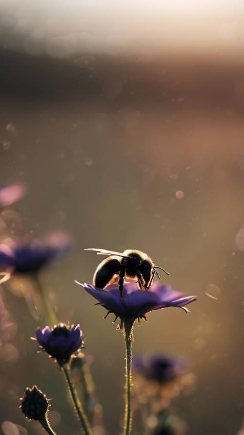 夜明けの最初の光の下で、一匹の黒い蜜蜂が孤独な黒いコスモスに触れ合う