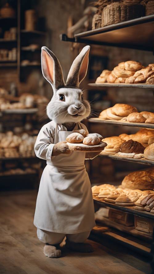 Un lapin boulanger présentant des produits fraîchement sortis du four dans une charmante boulangerie.
