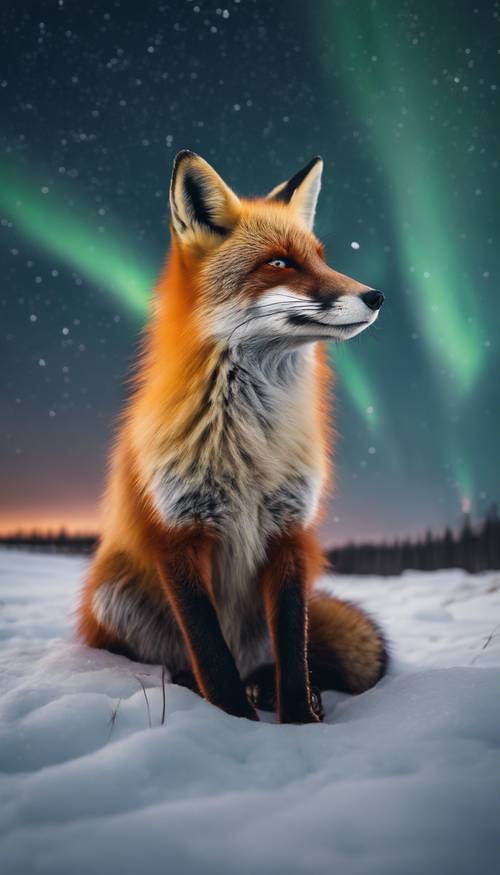北極星夜中一隻紅狐坐在雄偉的北極光下的肖像。