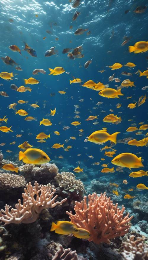 ฝูงปลาสีสันสดใสขนาดใหญ่แหวกว่ายใกล้กับแนวปะการังที่มีชีวิตชีวาในมหาสมุทรเขตร้อนลึกในเวลากลางวัน