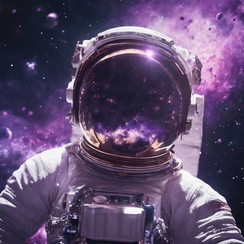 Seorang astronot melayang di luar angkasa, dikelilingi oleh nebula ungu yang halus.