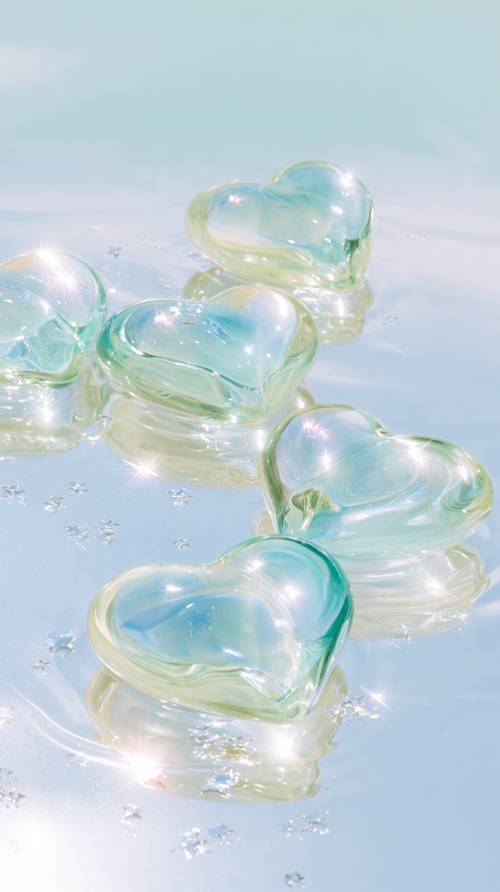 Shiny Glass Hearts and Sparkling Stars on Blue Water کاغذ دیواری [de8cfd5e84cd47b08340]
