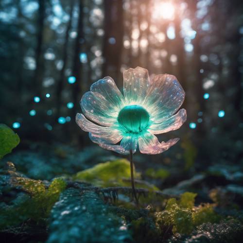 Un surreale fiore Caeli che irradia luce in una luminosa foresta bioluminescente.