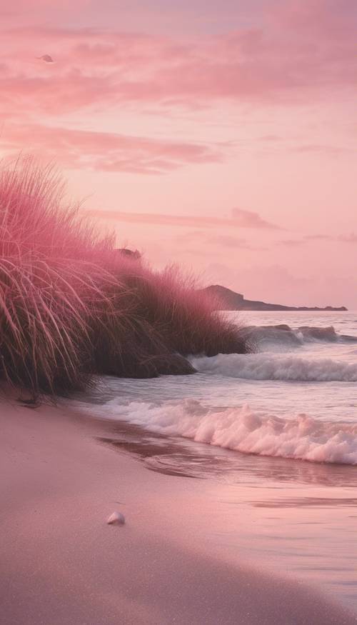 日落時分，粉紅色的海灘洋溢著柔和浪漫的氛圍。