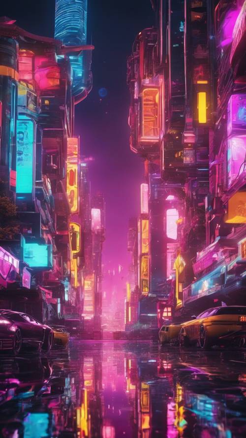 A fantastically vibrant, futuristic skyline filled with neon-colored buildings and hovering vehicles.