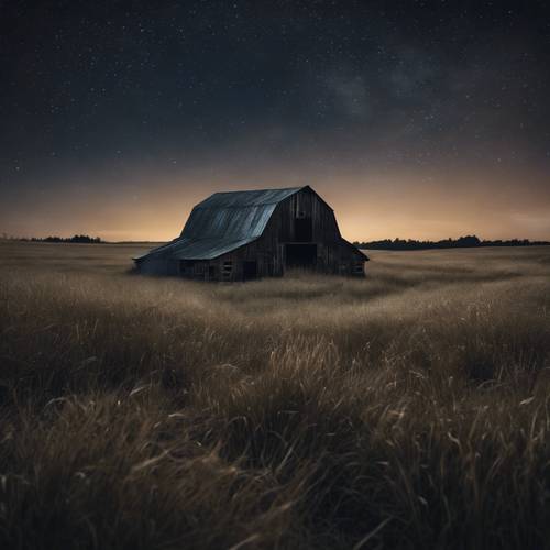 Un antiguo granero rodeado de hierba negra ondulante bajo un tranquilo cielo nocturno.