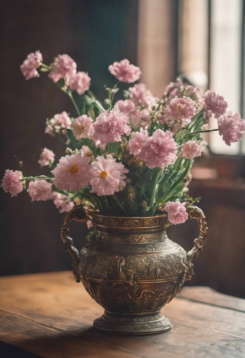 Delicadas flores da primavera em um vaso antigo e ornamentado sobre uma mesa de madeira polida.