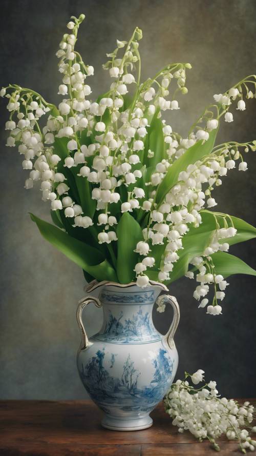 Un dipinto di natura morta perfettamente composto di un vaso che contiene un rigoglioso bouquet di mughetto.