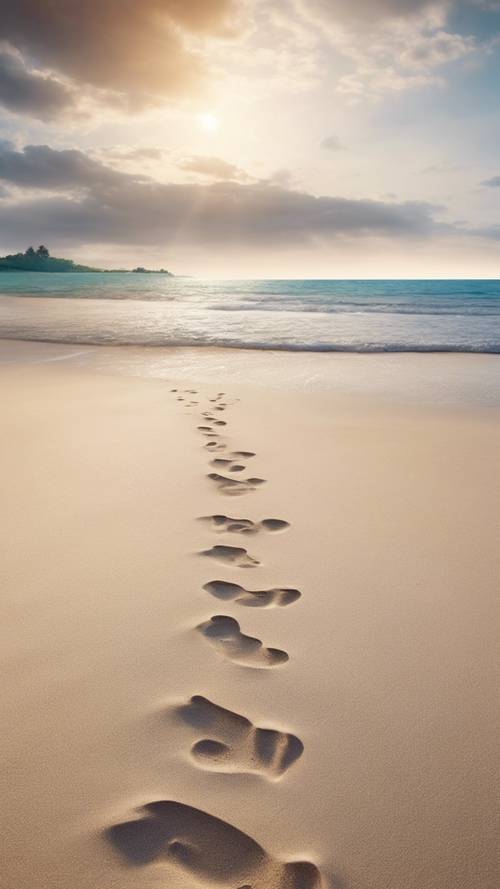 Pantai yang tenang dan sepi di pagi hari, dengan jejak kaki yang tertinggal di pasir lembut menuju cakrawala yang cerah.
