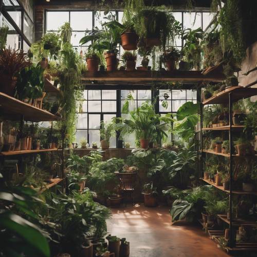 Uma selva urbana rústica dentro de um loft aconchegante, repleto de vasos de plantas tropicais e trepadeiras penduradas em prateleiras que vão até o teto.