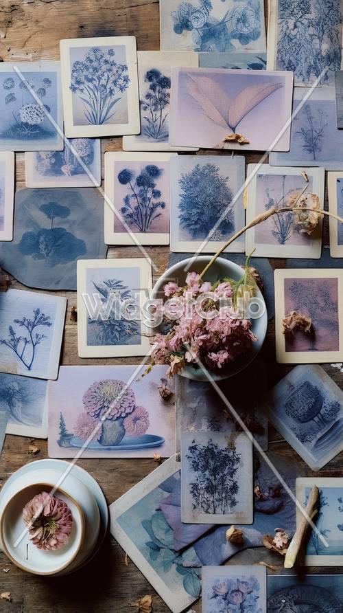 Tarjetas de arte floral azul y rosa esparcidas sobre una mesa