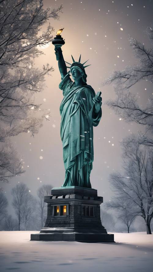 自由女神像的复制品坐落在宁静的雪景之中，被月光照亮。