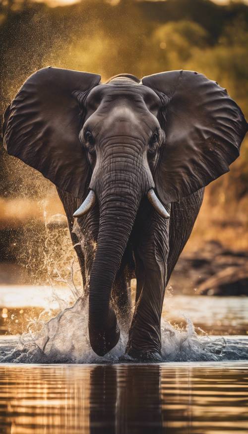 Un elefante che spruzza con gioia l&#39;acqua con la proboscide vicino a un fiume al tramonto.