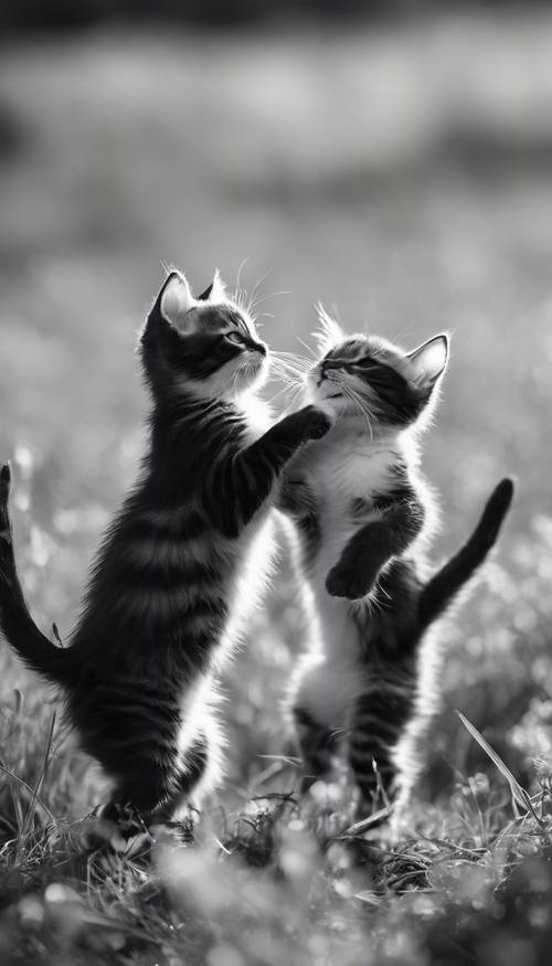 Two black and white kittens pouncing on each other in a field on a sunny afternoon.