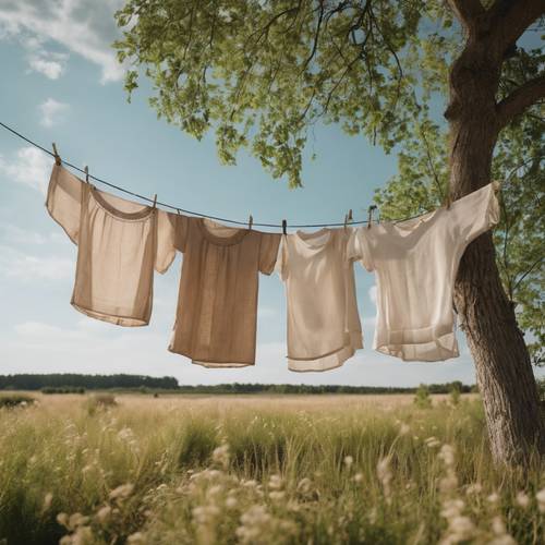 Linen dresses hanging on a clothesline drying in gentle summer breeze.
