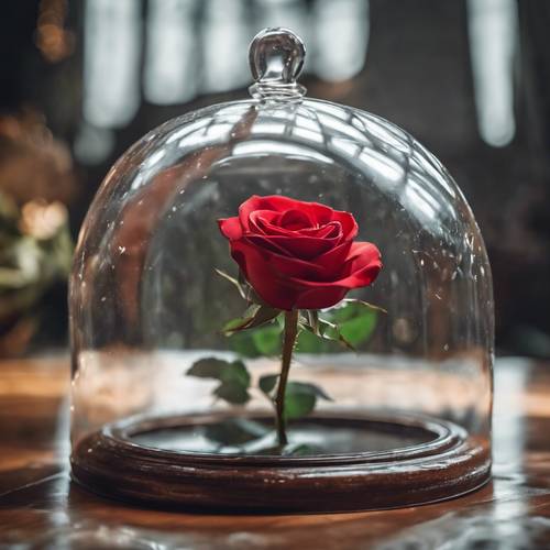Setangkai mawar merah yang terbungkus kubah kaca, membangkitkan suasana dongeng.
