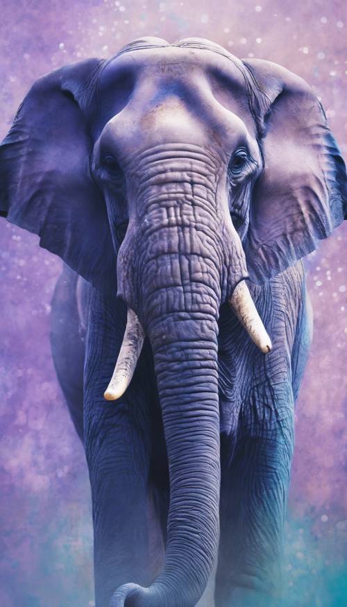 Абстрактная картина с изображением спокойного азиатского слона, выполненная в нежных пастельных тонах лаванды и лазури.