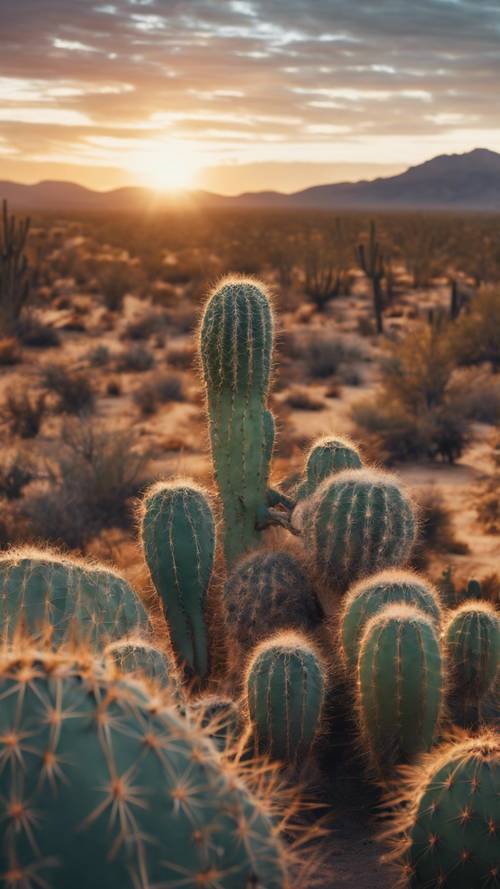 Un coucher de soleil enchanteur dans le désert avec des cactus parsemant le paysage.