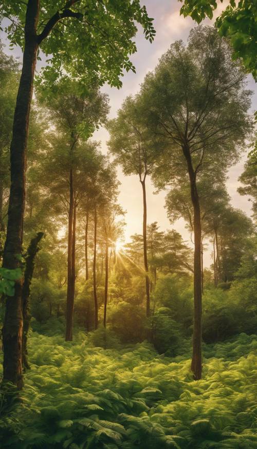 غابة خضراء مورقة تحت سماء غروب الشمس الذهبية.