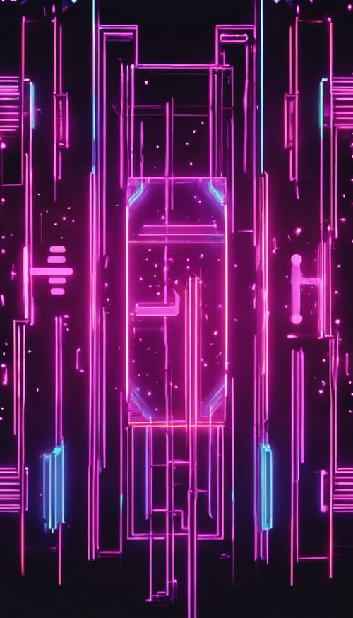 Neon geometric shapes on a dark gradient background, reminiscent of 80s arcade games aesthetics.