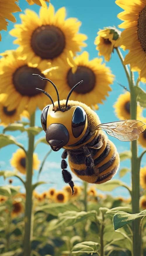 A charming bee carrying a honey pot, with adorable big eyes and a tiny smile, surrounded by a field of bright, blooming sunflowers.