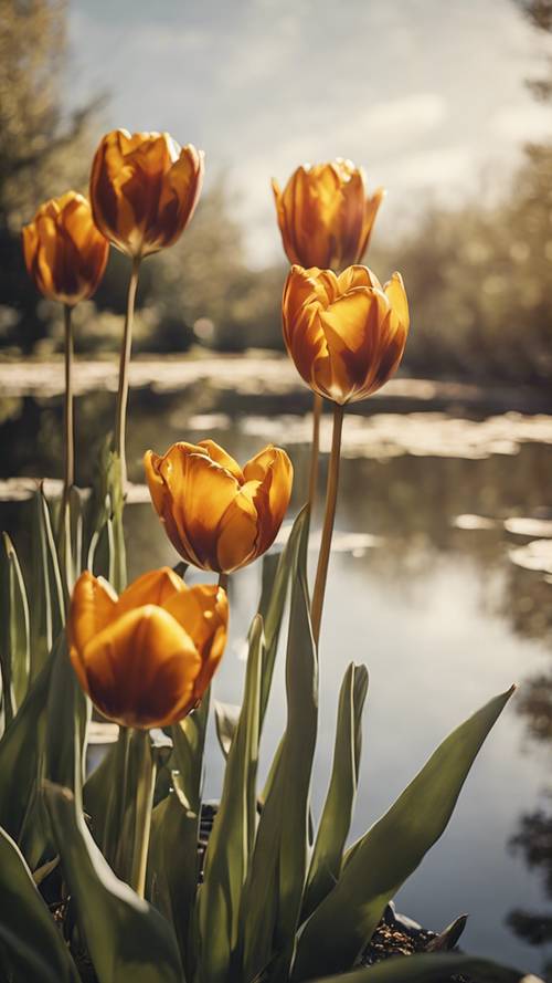 An array of amber tulips growing beside a tranquil pond.