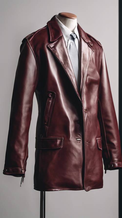 A cool maroon leather jacket displayed on a clothes stand against a white background.