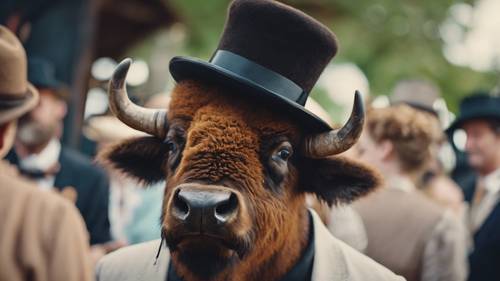 A quirky scene of a bison wearing a top hat and monocle at a high society party.