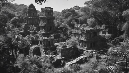 An ancient-looking black and white vista of a jungle, with the ruins of an old civilization peeping through the foliage.