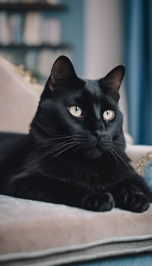 An elegant black cat lounging on a soft tufted blue velvet settee.