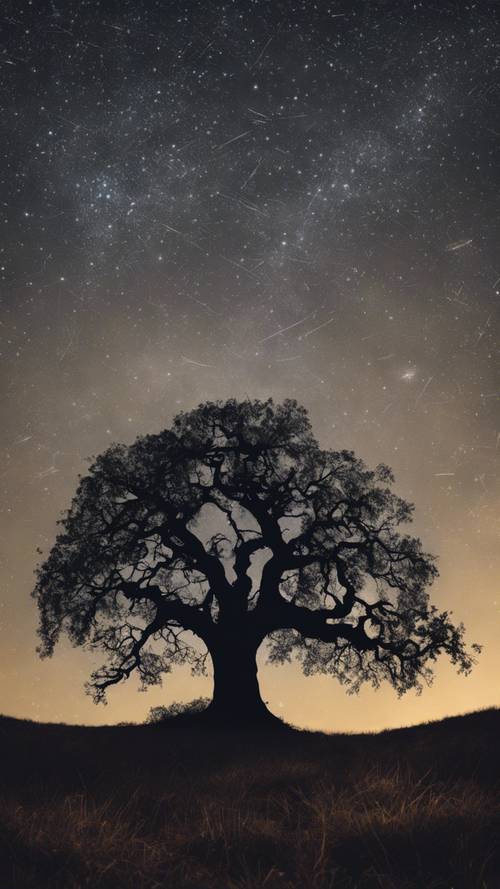 A black silhouette of an oak tree against a starry sky, a quote about growth and strength written in the stars. Tapéta [2182d04efdbe436bb7ce]