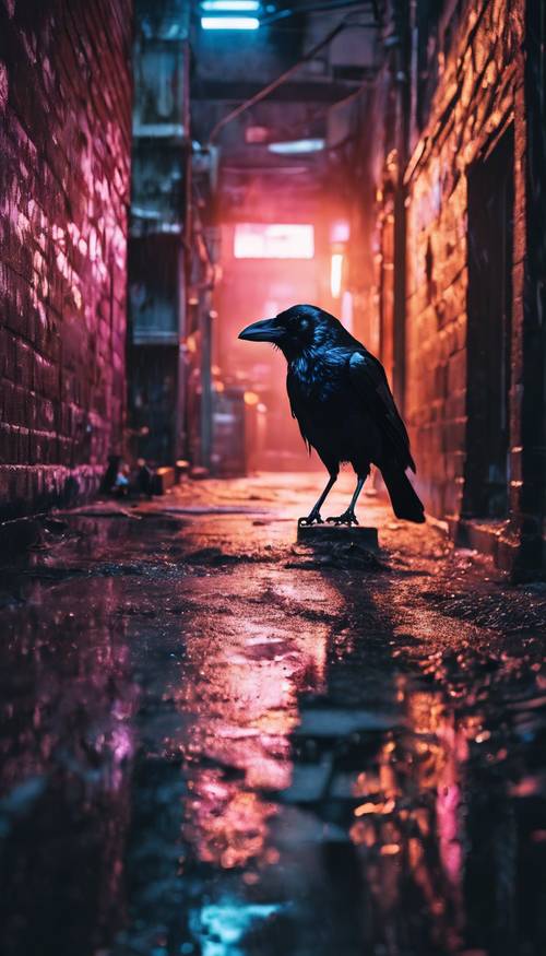 An eerie city alleyway at night, bathed in the soft glow of a neon light illuminating a large, detailed graffiti artwork of a crow in mid-flight, the dark paints gleaming with the wetness of recent application.