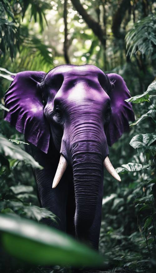 Una rara razza di elefante viola intenso, annidato tra foglie verde smeraldo in una fitta giungla.
