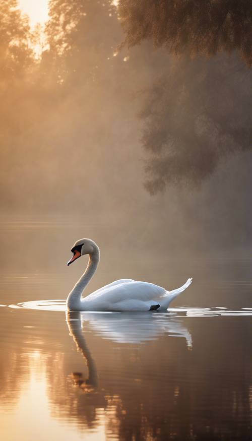 Angsa anggun meluncur melintasi danau yang damai saat matahari terbit, dengan kabut naik dari air.