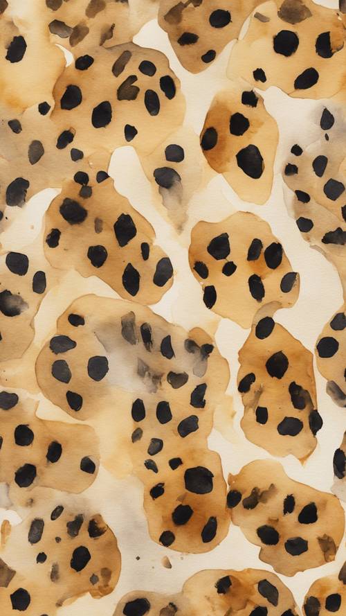 Akwarela przedstawiająca skupisko cętek gepardów rozrzuconych na płótnie.
