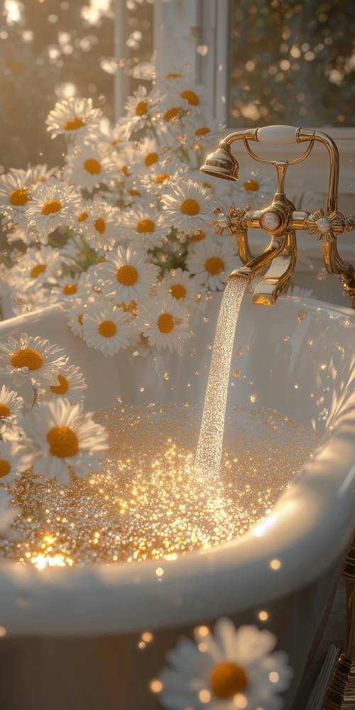 Glitzernder goldener Wasserfluss mit weißen Gänseblümchen