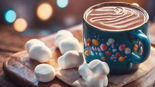 A vibrant digital painting of a coffee mug filled with hot chocolate and cute tiny marshmallows smiling.