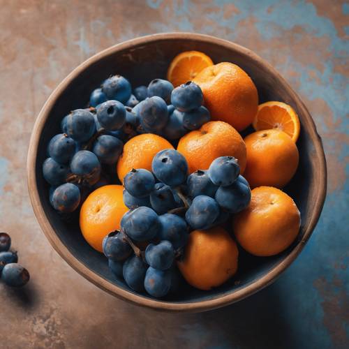 Lukisan alam benda dari mangkuk dengan buah-buahan biru dan oranye.