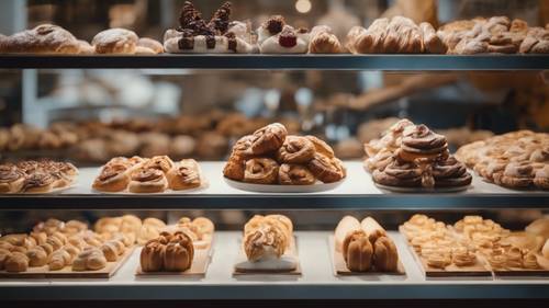 一家現代麵包店，展示各種純素、無麩質糕點。