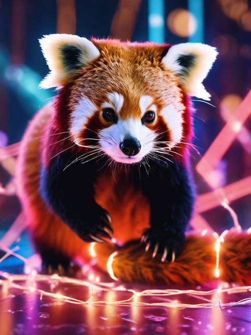 Neon ışıkların ortasında bir Kızıl Panda&#39;nın sanatsal yorumu.