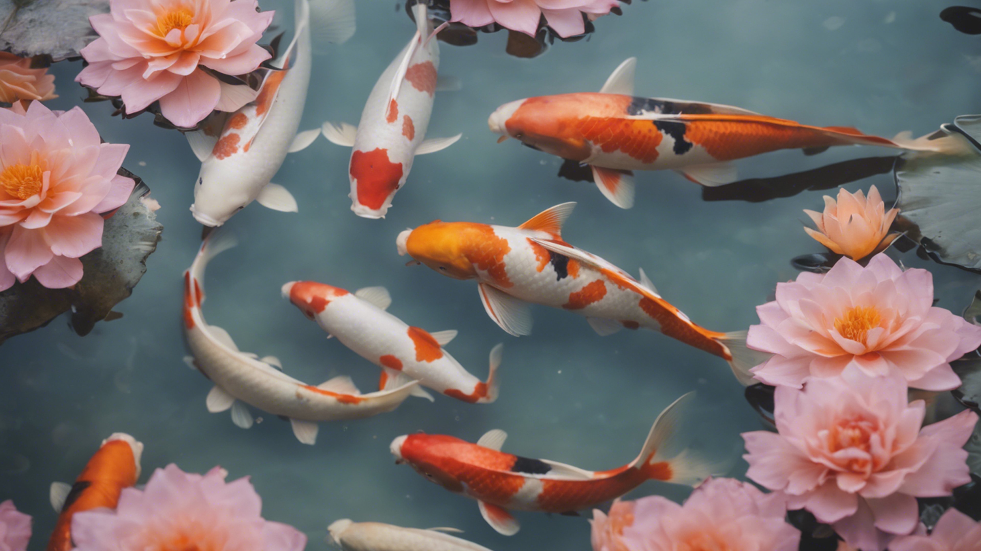 A garden scene featuring tranquil koi fishes in a cool pastel color pond. Дэлгэцийн зураг[188bf594936145059e7f]