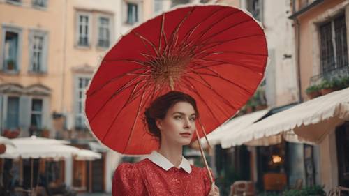 Seorang wanita dengan gaun vintage merah memegang payung putih, di pemandangan kota Eropa yang kuno.