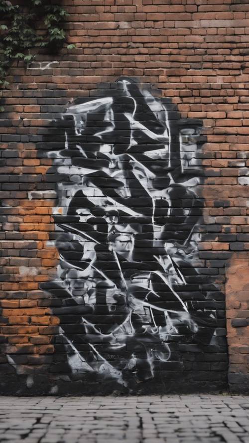 Uma velha parede de tijolos coberta de grafites pretos no meio da cidade.