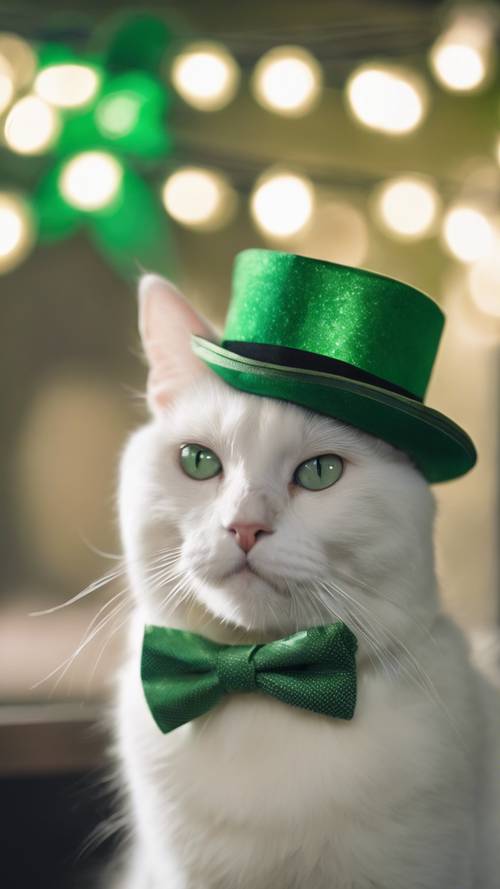 A white cat wearing a green hat and bowtie for St. Patrick's Day.
